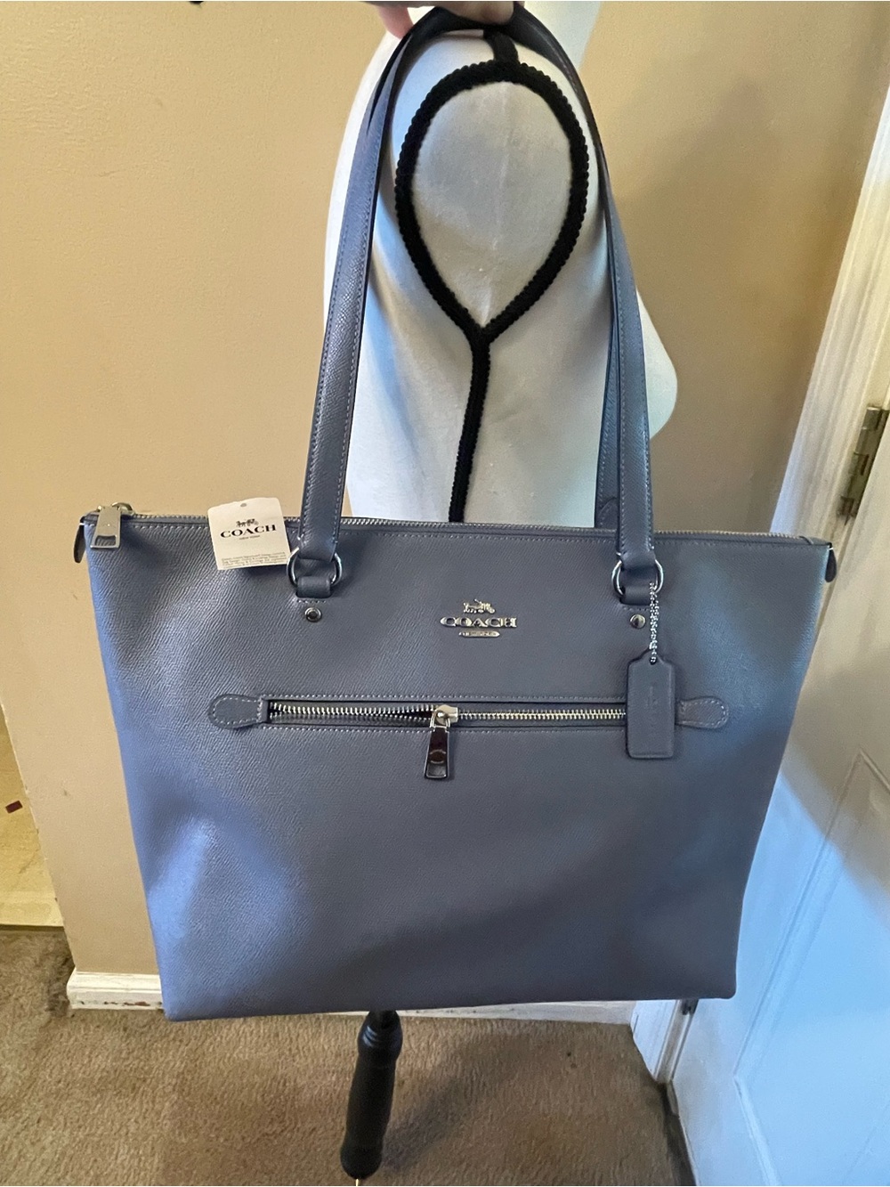 Coach NWT! Slate Blue Leather Tote with Front Zip Pocket